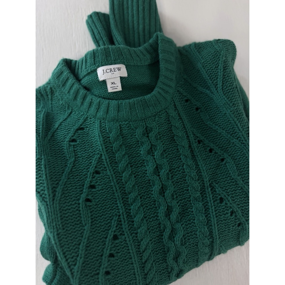 J Crew Womens Pointelle Cable Front Pullover Sweater Lambswool Blend Green XL